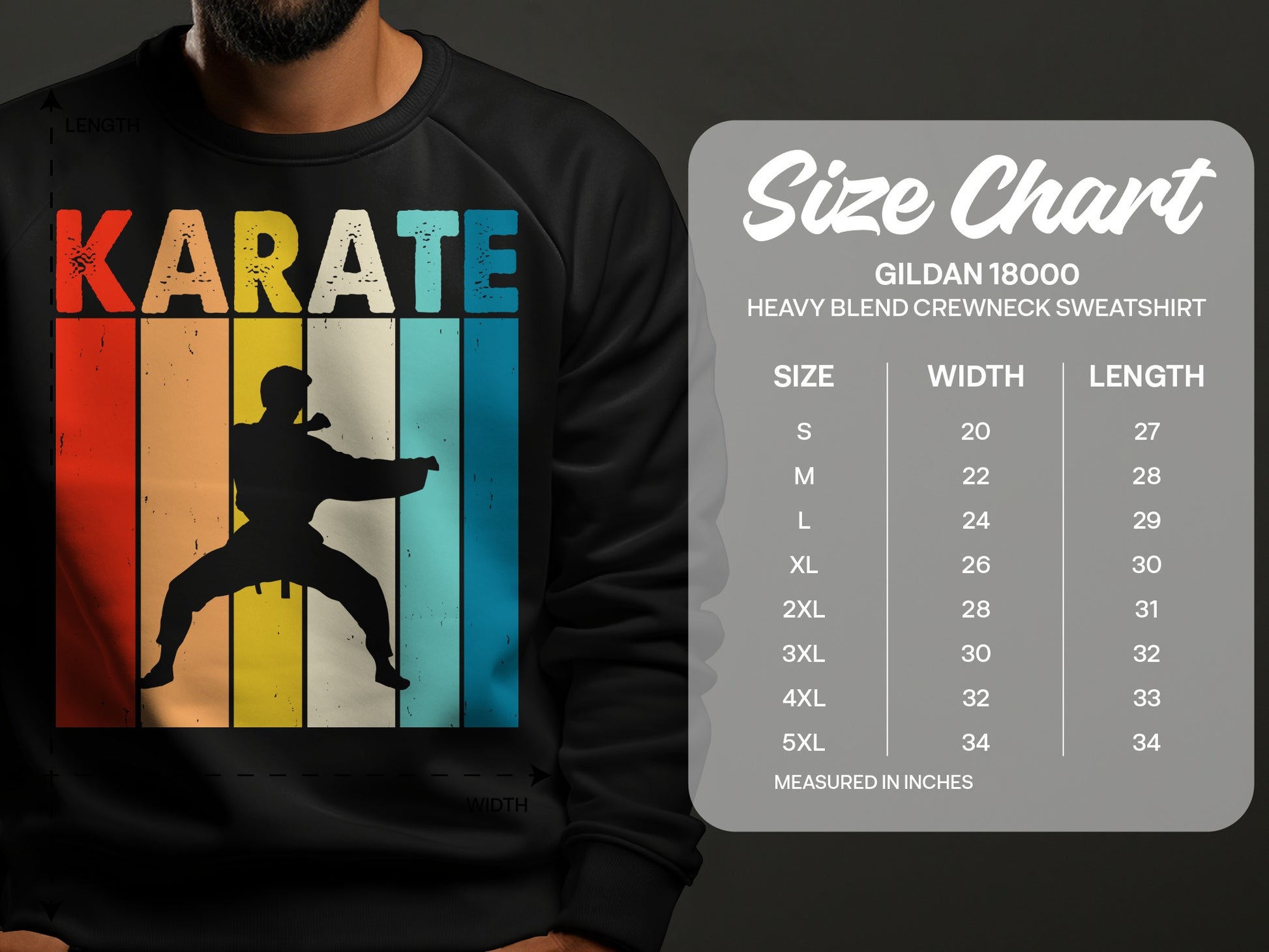 Karate graphic sweatshirt and size chart with measurements for Gildan 18000 crewneck.