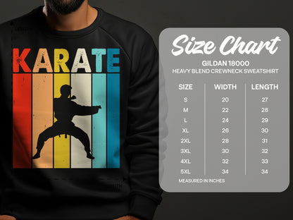 Karate graphic sweatshirt and size chart with measurements for Gildan 18000 crewneck.