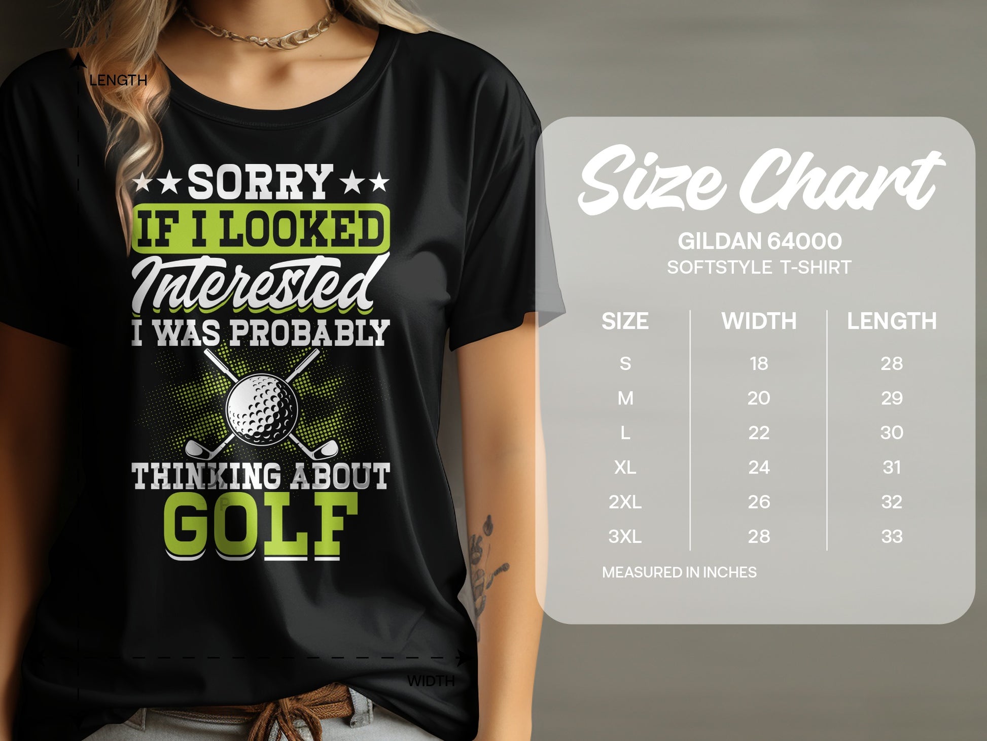 Black t-shirt with "Sorry if I looked interested I was probably thinking about golf" graphic.
