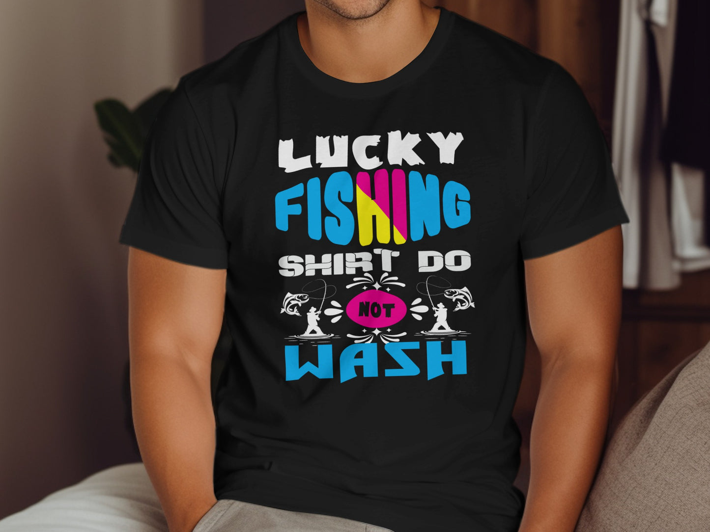 Black t-shirt with "Lucky Fishing Shirt Do Not Wash" text and fishing graphics.