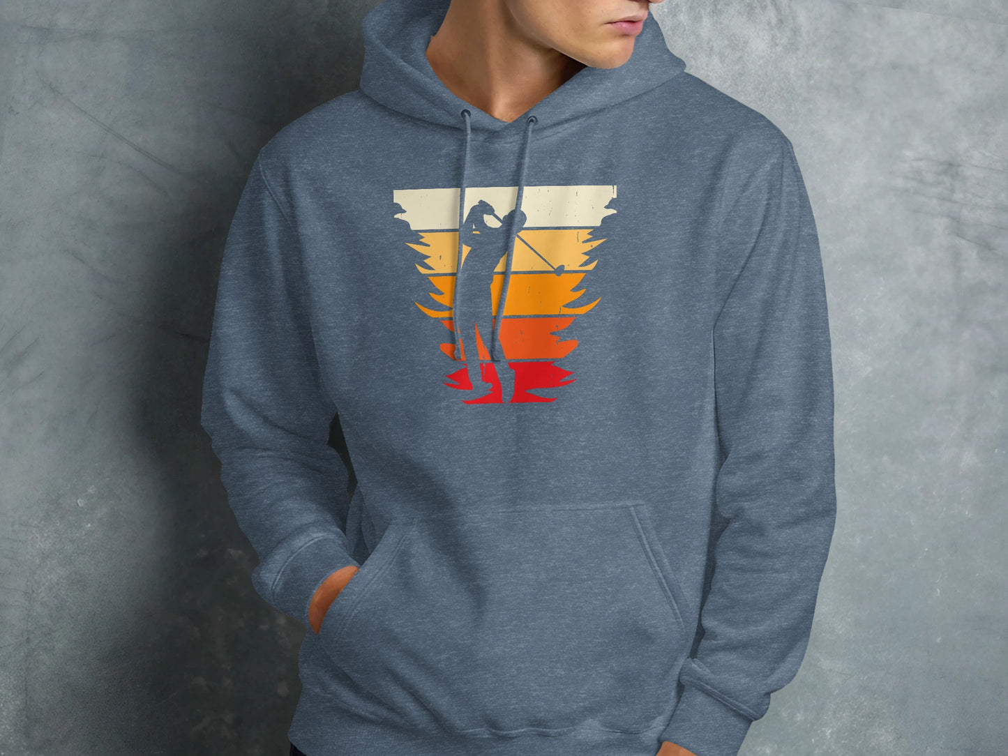 Golfer silhouette with colorful sunset stripes on a blue hoodie.
