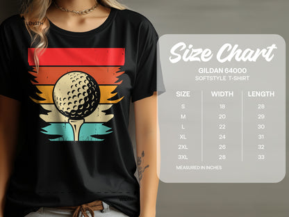 Gildan 64000 softstyle t-shirt size chart with golf ball graphic.