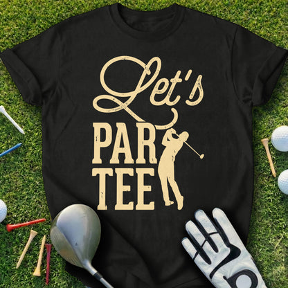 Black t-shirt with "Let's Par Tee" text and golfer graphic on grass.