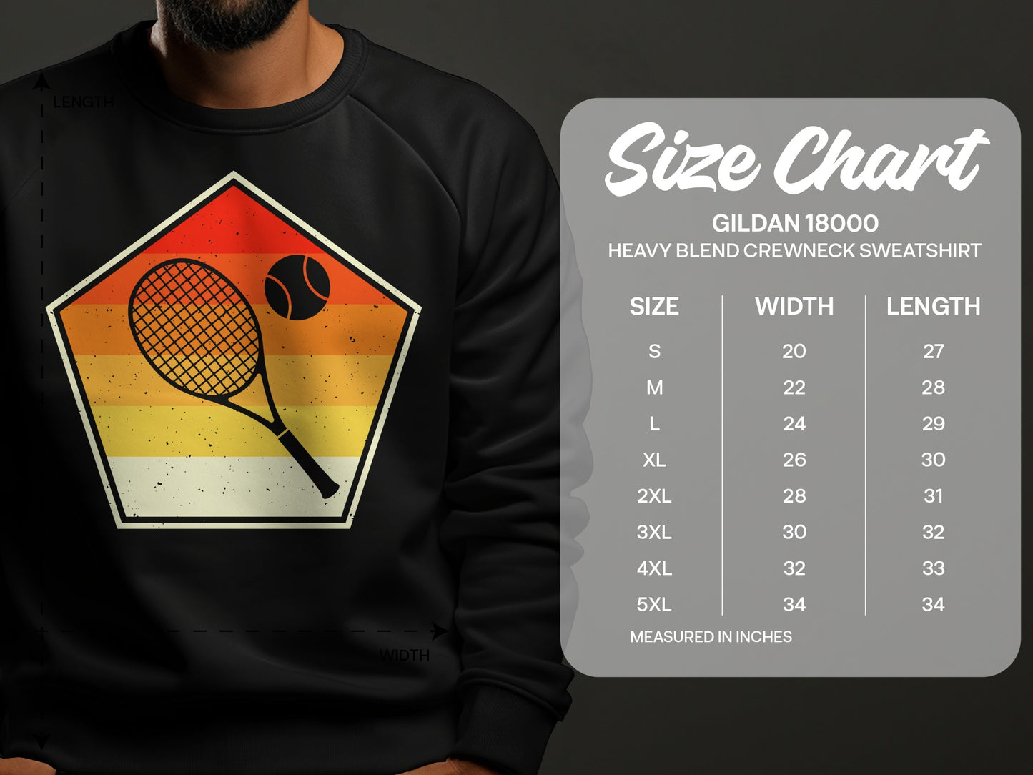 Size chart for Gildan 18000 heavy blend crewneck sweatshirt.
