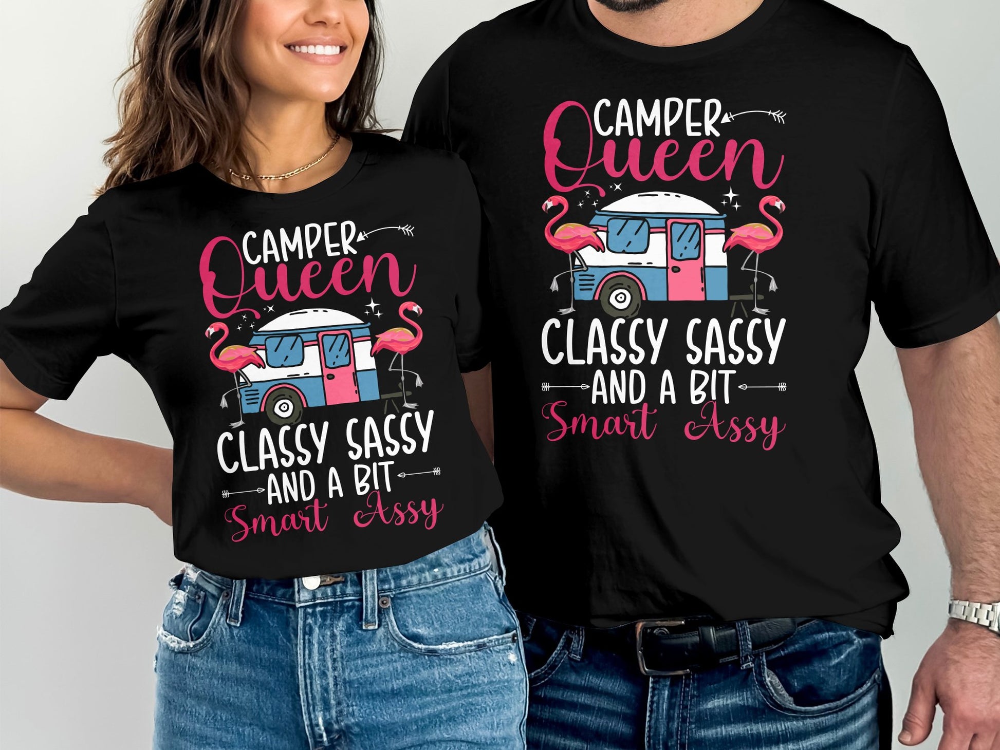 Two black t-shirts with "Camper Queen Classy Sassy And A Bit Smart Assy" text.