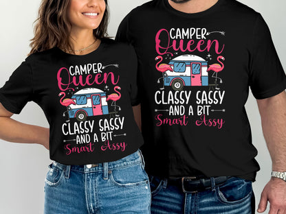Two black t-shirts with "Camper Queen Classy Sassy And A Bit Smart Assy" text.