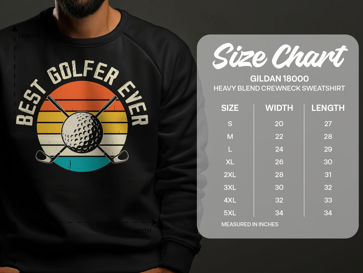 Size chart for Gildan 18000 heavy blend crewneck sweatshirt.