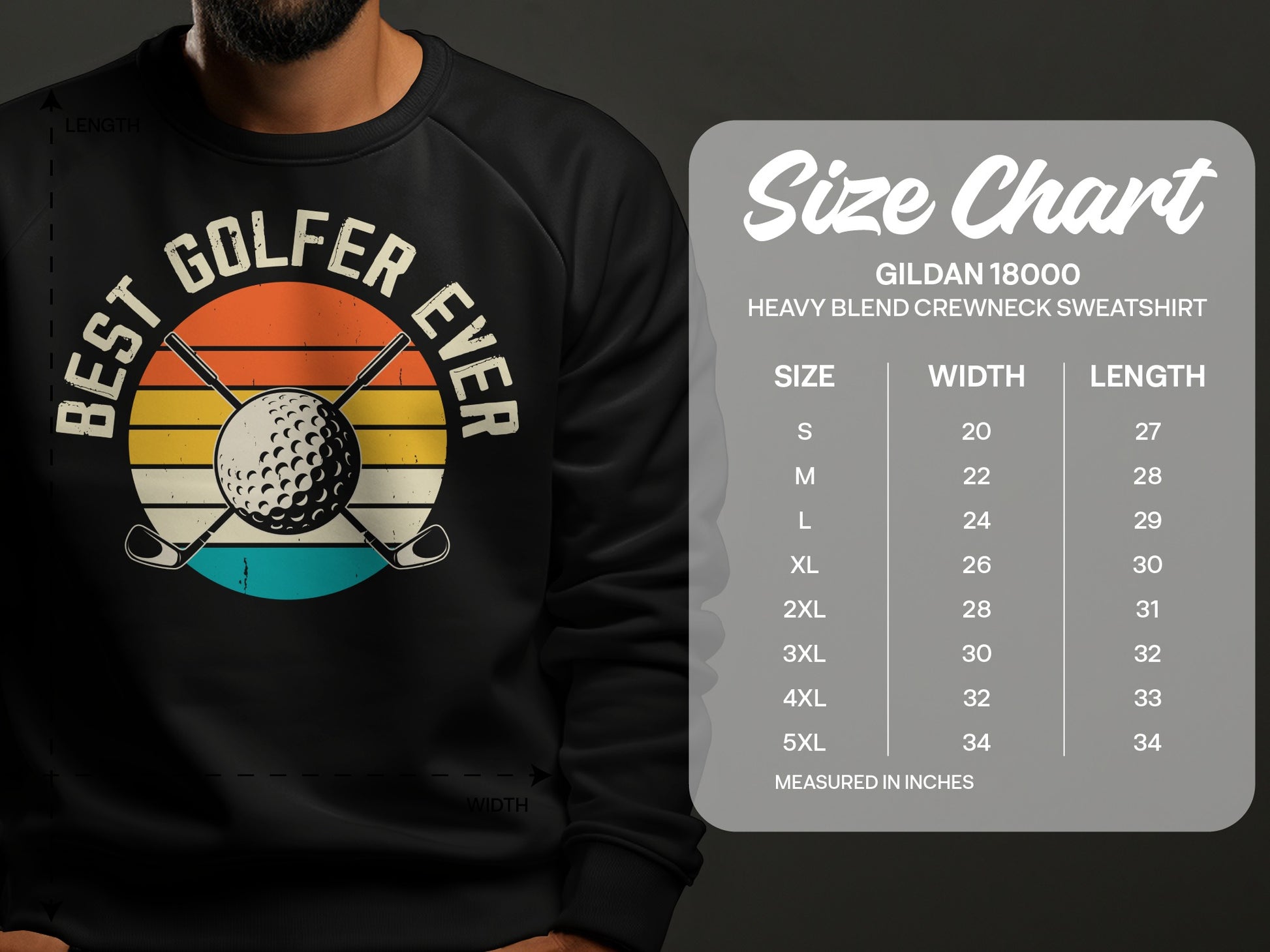 Size chart for Gildan 18000 heavy blend crewneck sweatshirt.