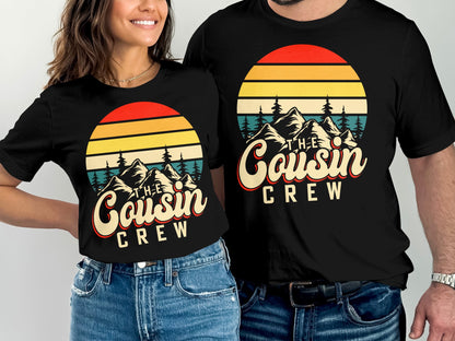 Black t-shirts with "The Cousin Crew" text and sunset mountain graphic.