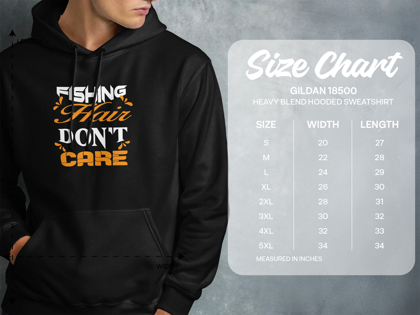 Gildan 18500 heavy blend hooded sweatshirt size chart with measurements.