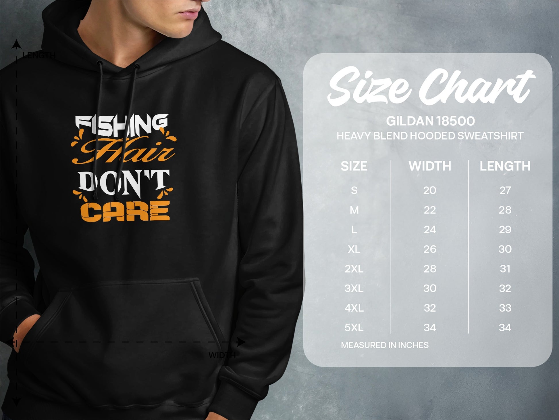 Gildan 18500 heavy blend hooded sweatshirt size chart with measurements.