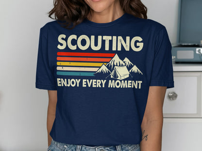 Navy t-shirt with "SCOUTING ENJOY EVERY MOMENT" and mountain tent graphic.