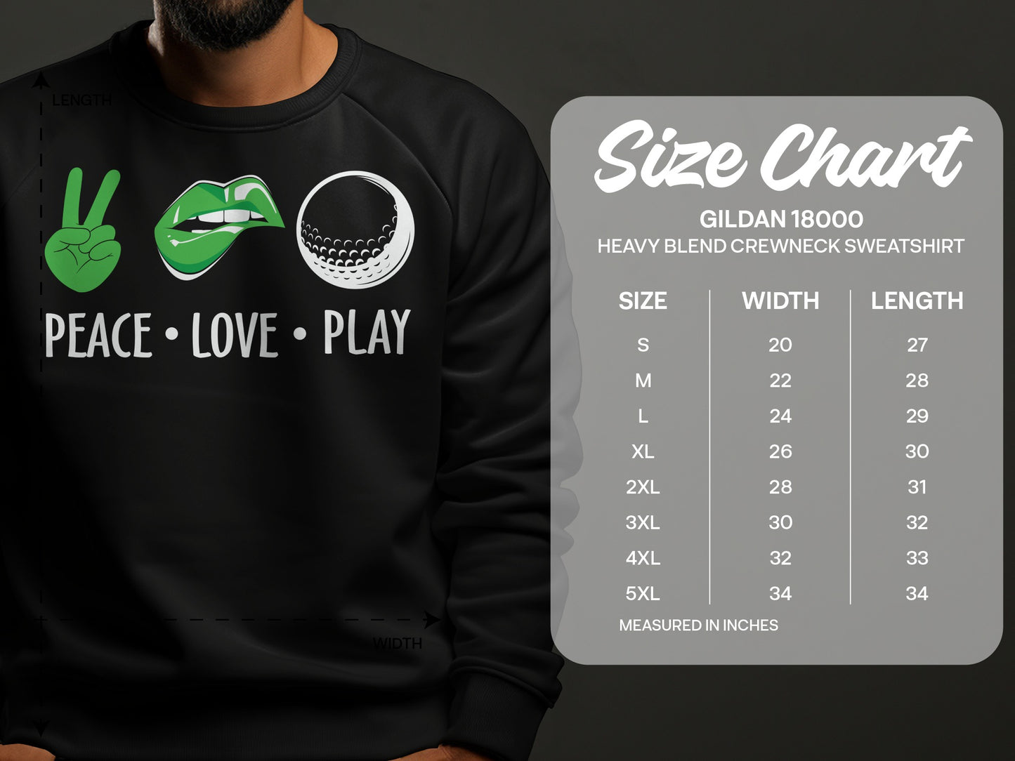 Gildan 18000 sweatshirt size chart with "Peace Love Play" graphic.