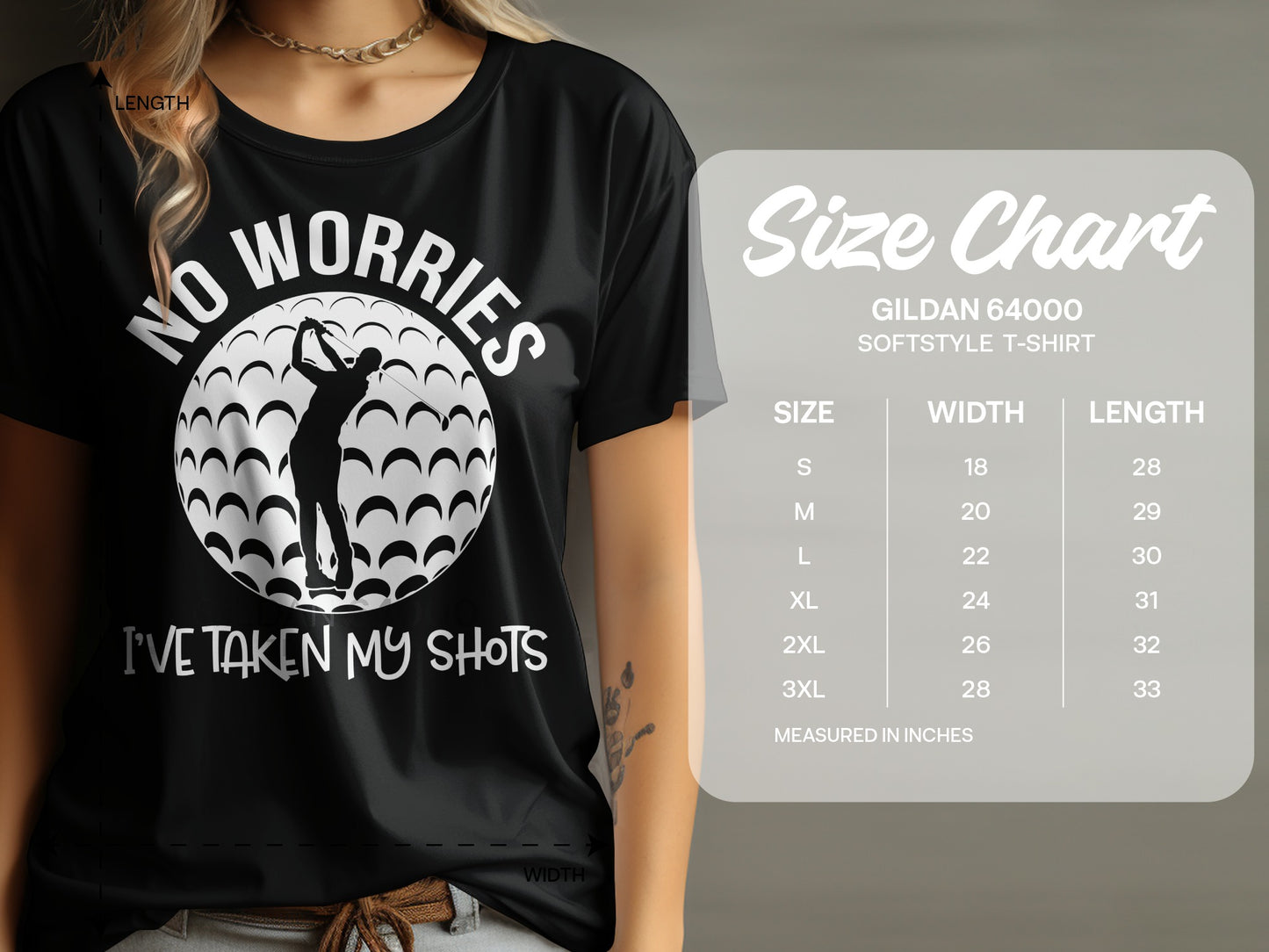 Black t-shirt with "NO WORRIES I'VE TAKEN MY SHOTS" and golf graphic, beside size chart.