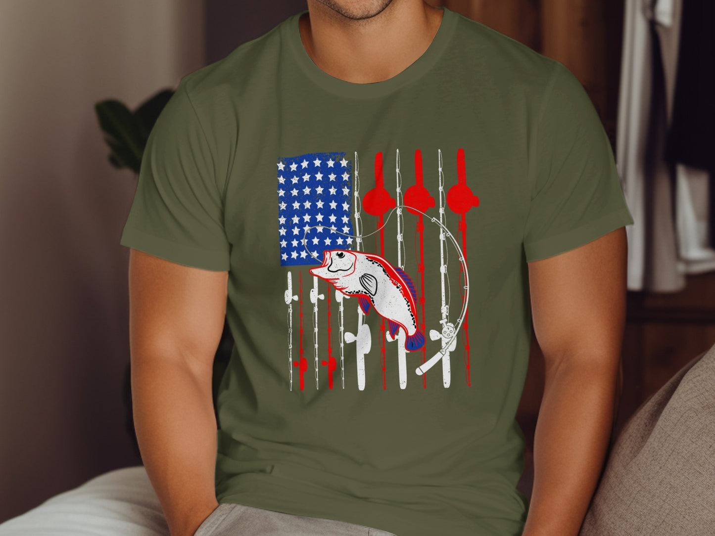 T-shirt with US flag design featuring a bass fishing lure.