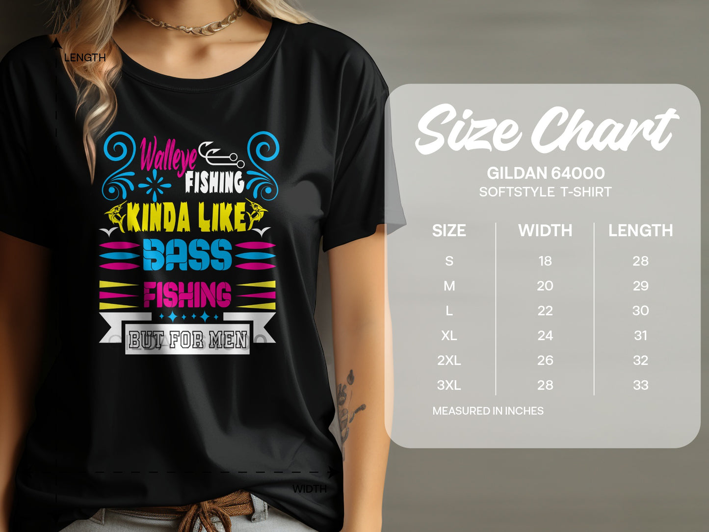 Black t-shirt with "Walleye fishing, Bass fishing but for men" graphic and size chart.