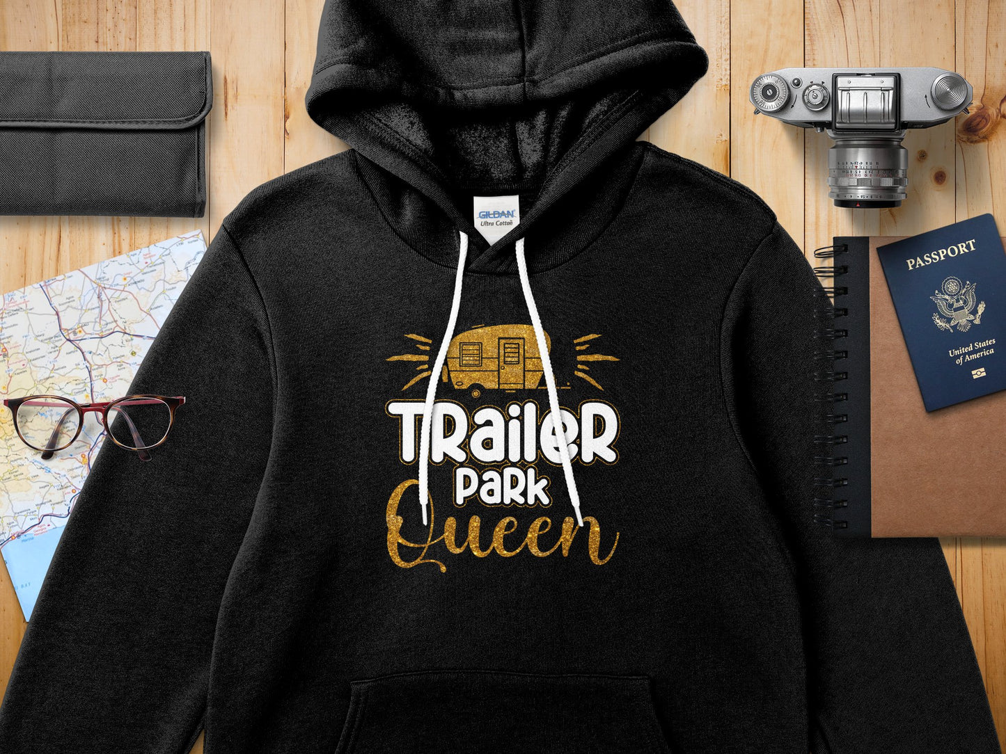 Black Gildan hoodie with "Trailer Queen" glitter design and caravan graphic.