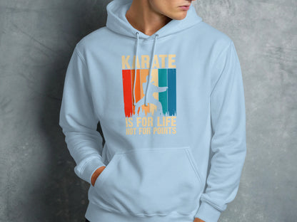 Light blue hoodie with "KARATE IS FOR LIFE" text and retro graphic.