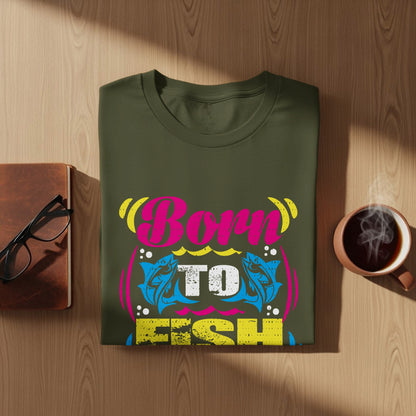 Green t-shirt with "Born To Fish" text and fish graphic.