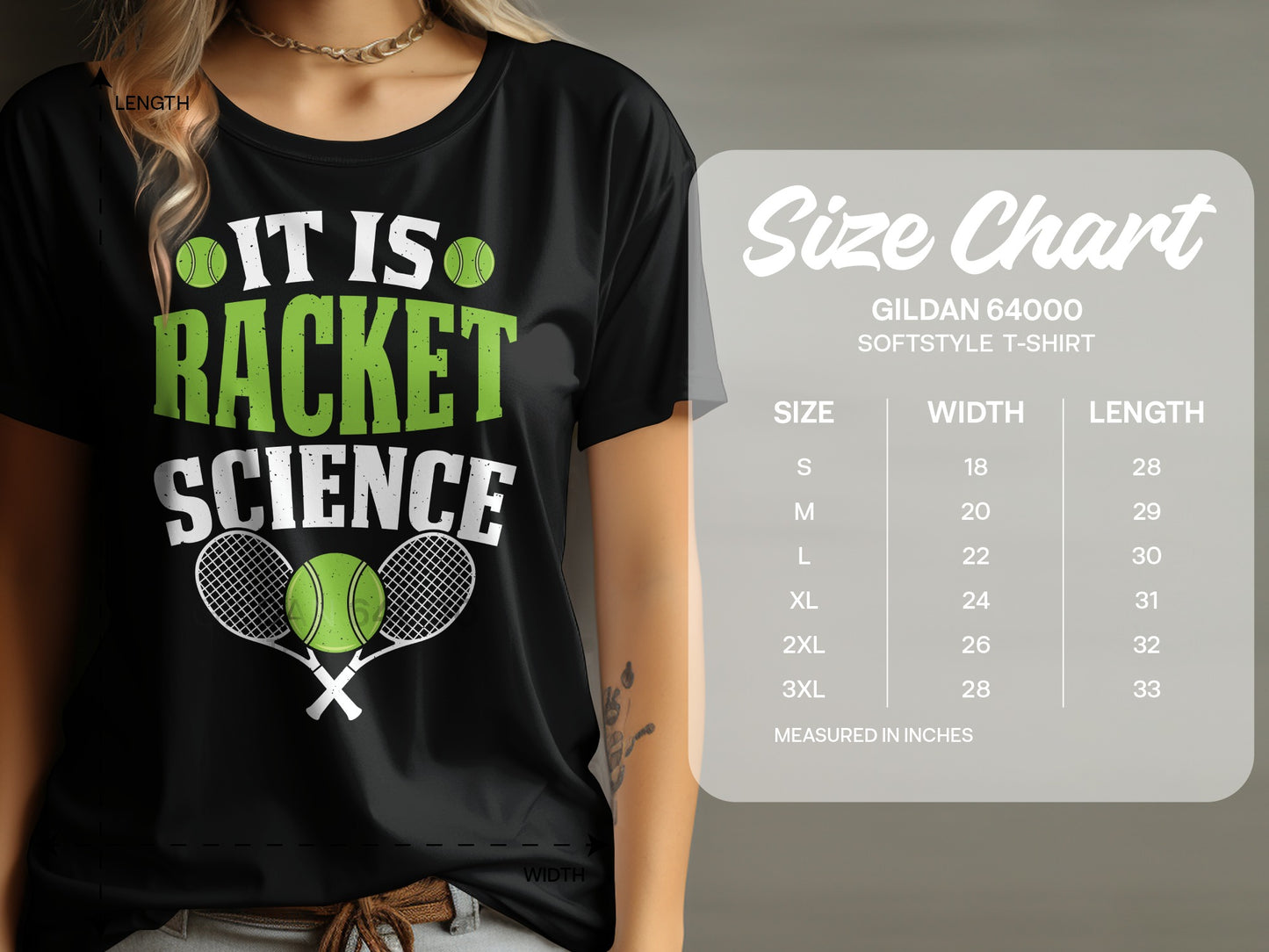 Black t-shirt with "IT IS RACKET SCIENCE" and tennis rackets, with a size chart.