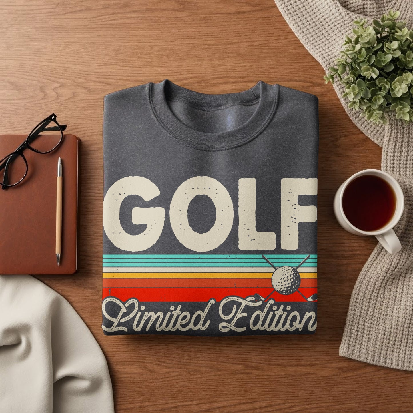 Dark gray sweatshirt with "GOLF Limited Edition" text and golf club graphic.