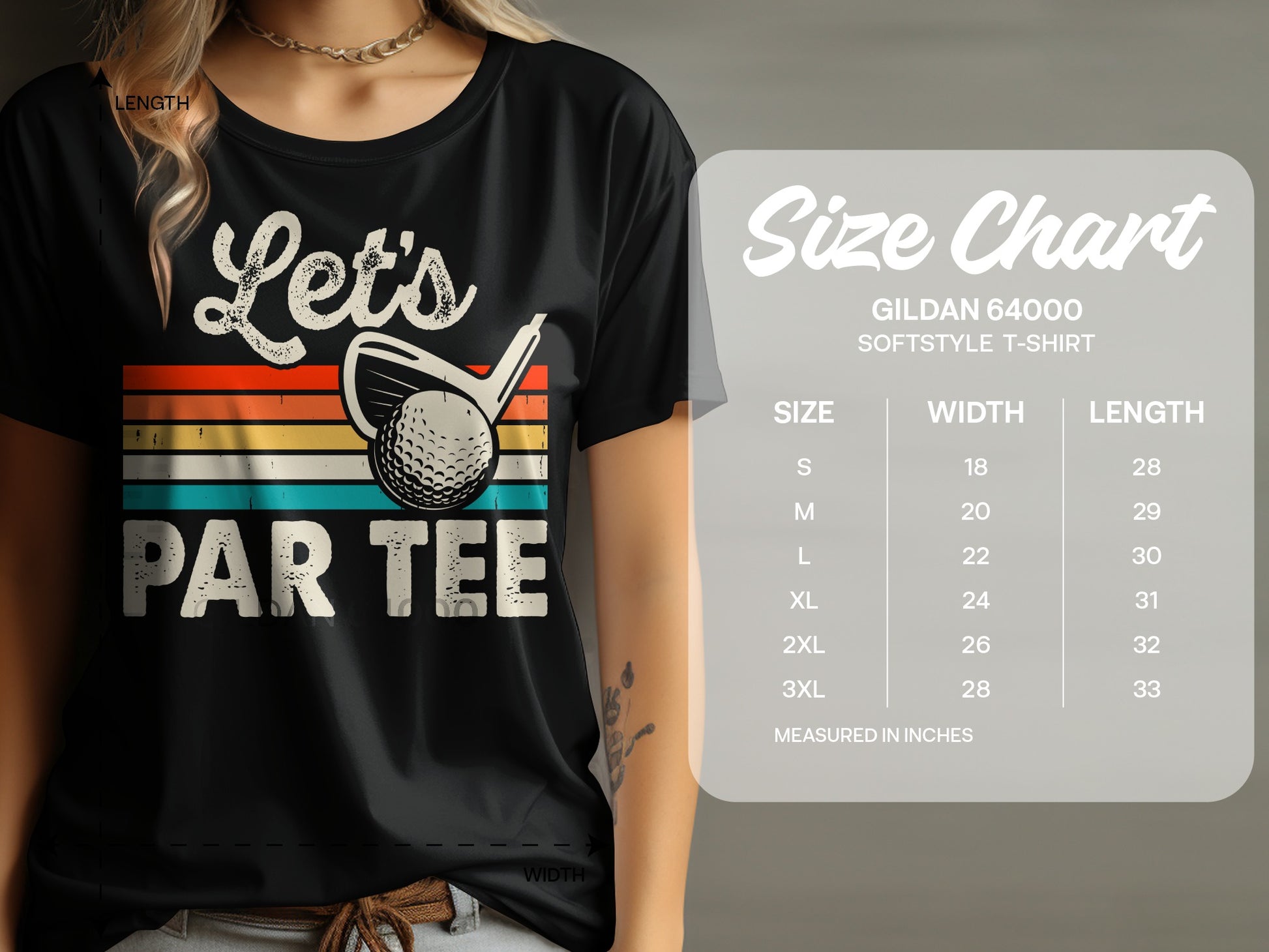 Black t-shirt with "Let's PAR TEE" graphic and a size chart.