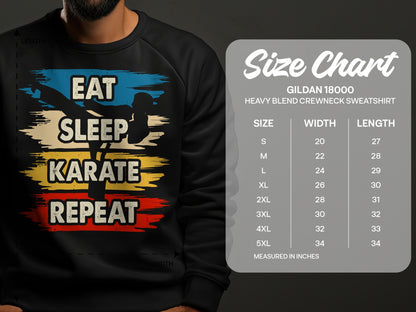 Gildan 18000 sweatshirt size chart with "Eat Sleep Karate Repeat" graphic.