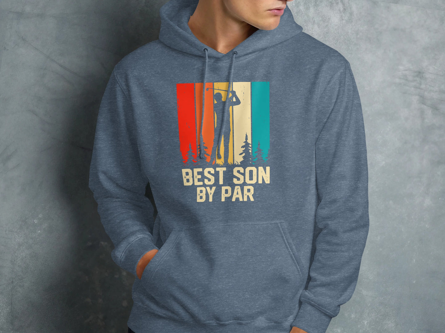 Blue hoodie with "BEST SON BY PAR" text and sunset golf graphic.