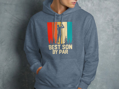 Blue hoodie with "BEST SON BY PAR" text and sunset golf graphic.