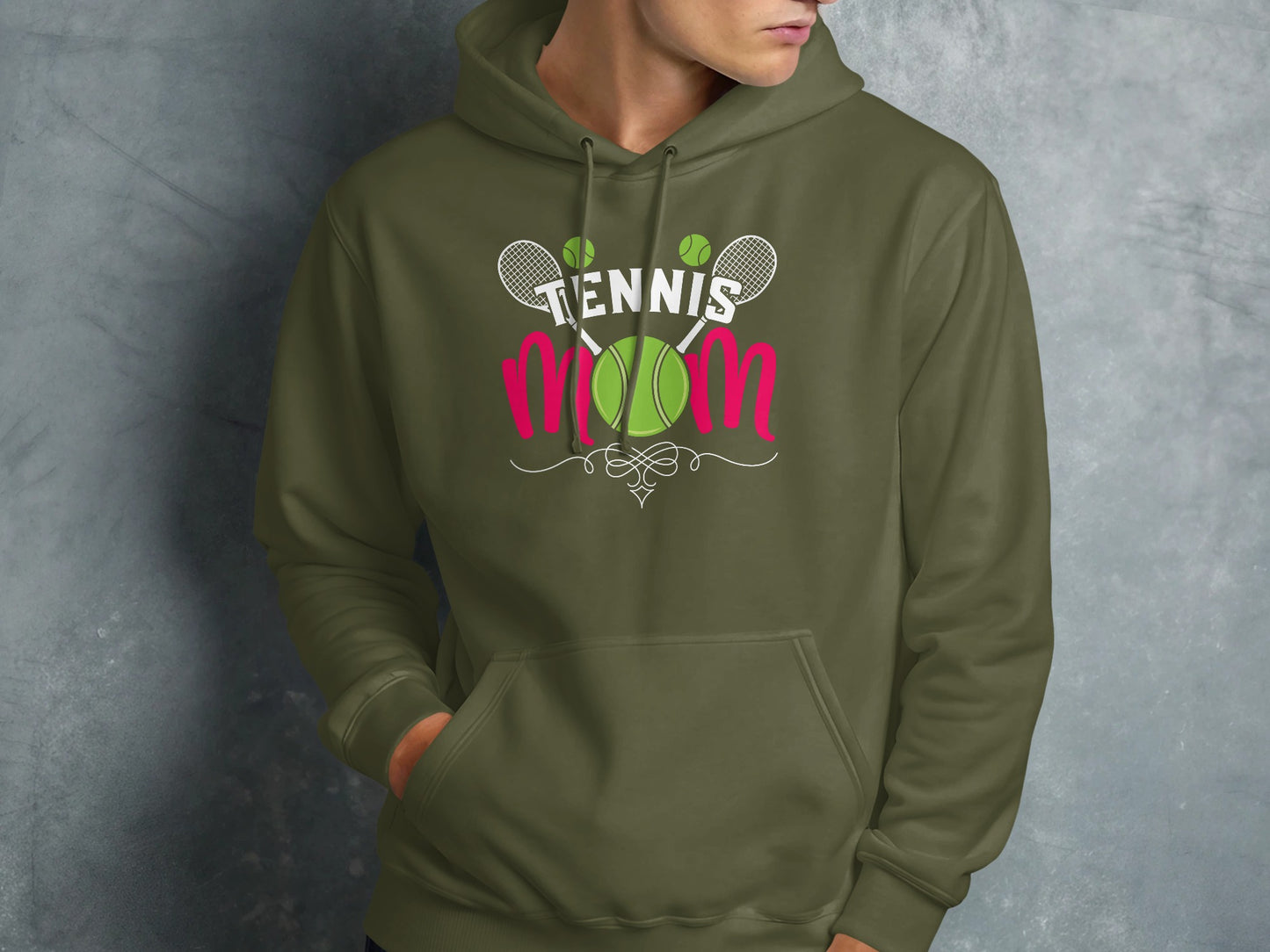 Olive green hoodie with "Tennis Mom" text, tennis rackets, and ball graphic.