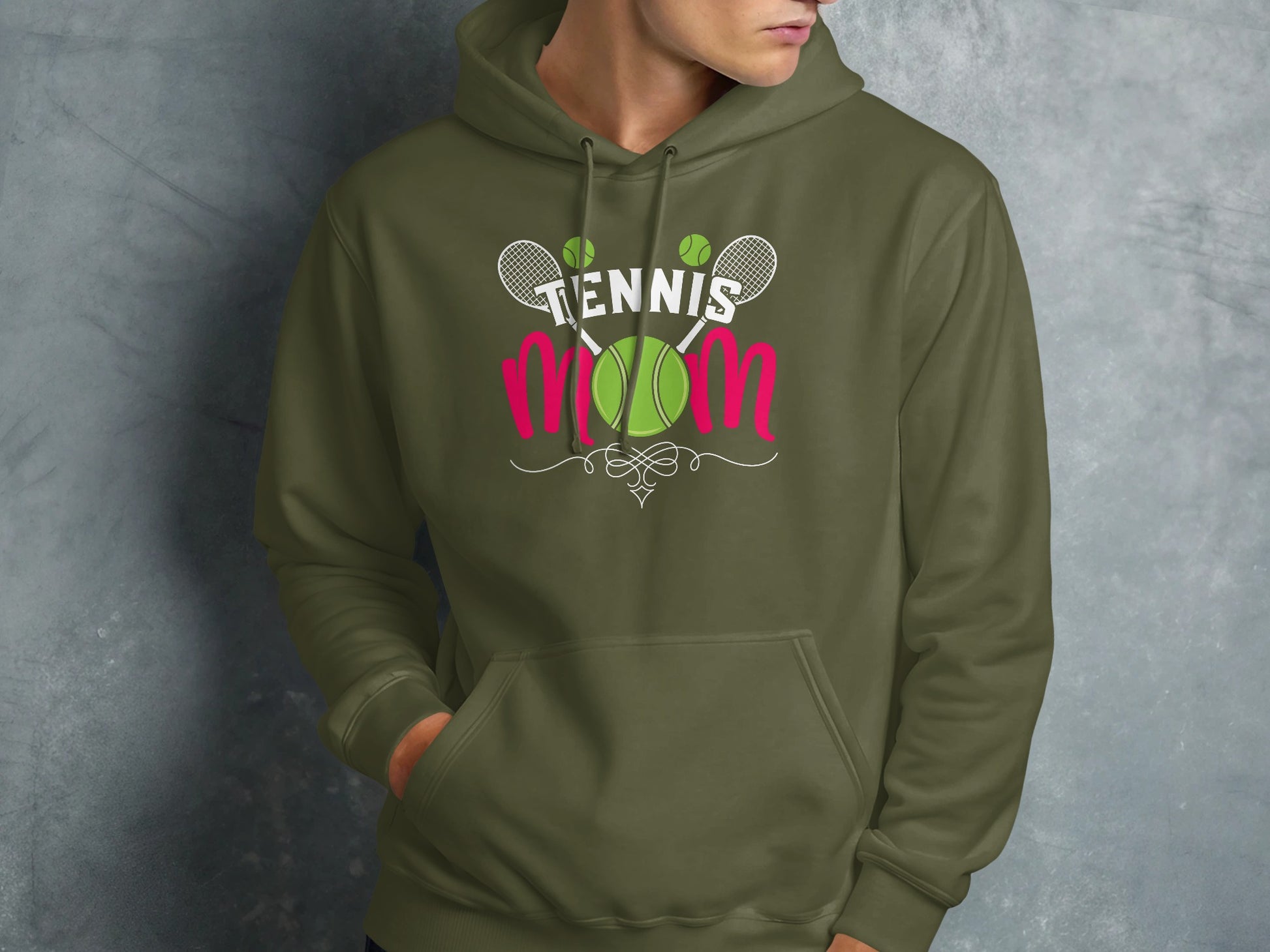 Olive green hoodie with "Tennis Mom" text, tennis rackets, and ball graphic.