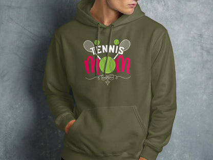 Olive green hoodie with "Tennis Mom" text, tennis rackets, and ball graphic.