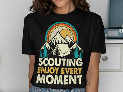 Black t-shirt with "Scouting Enjoy Every Moment" and mountain, tent, sun graphic.