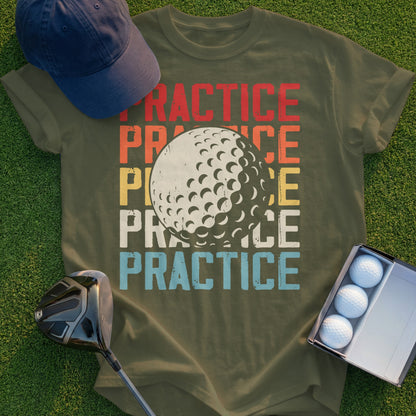 Green t-shirt with "PRACTICE" repeated in colorful block letters, featuring a golf ball.
