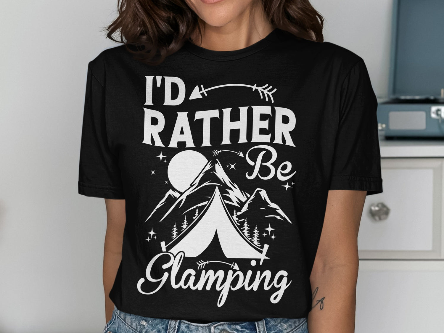 Black t-shirt with "I'd Rather Be Glamping" and mountain tent graphic.