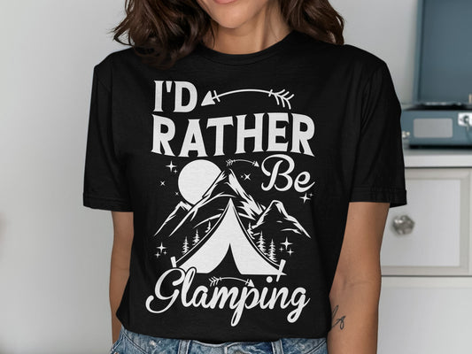 Black t-shirt with "I'd Rather Be Glamping" and mountain tent graphic.