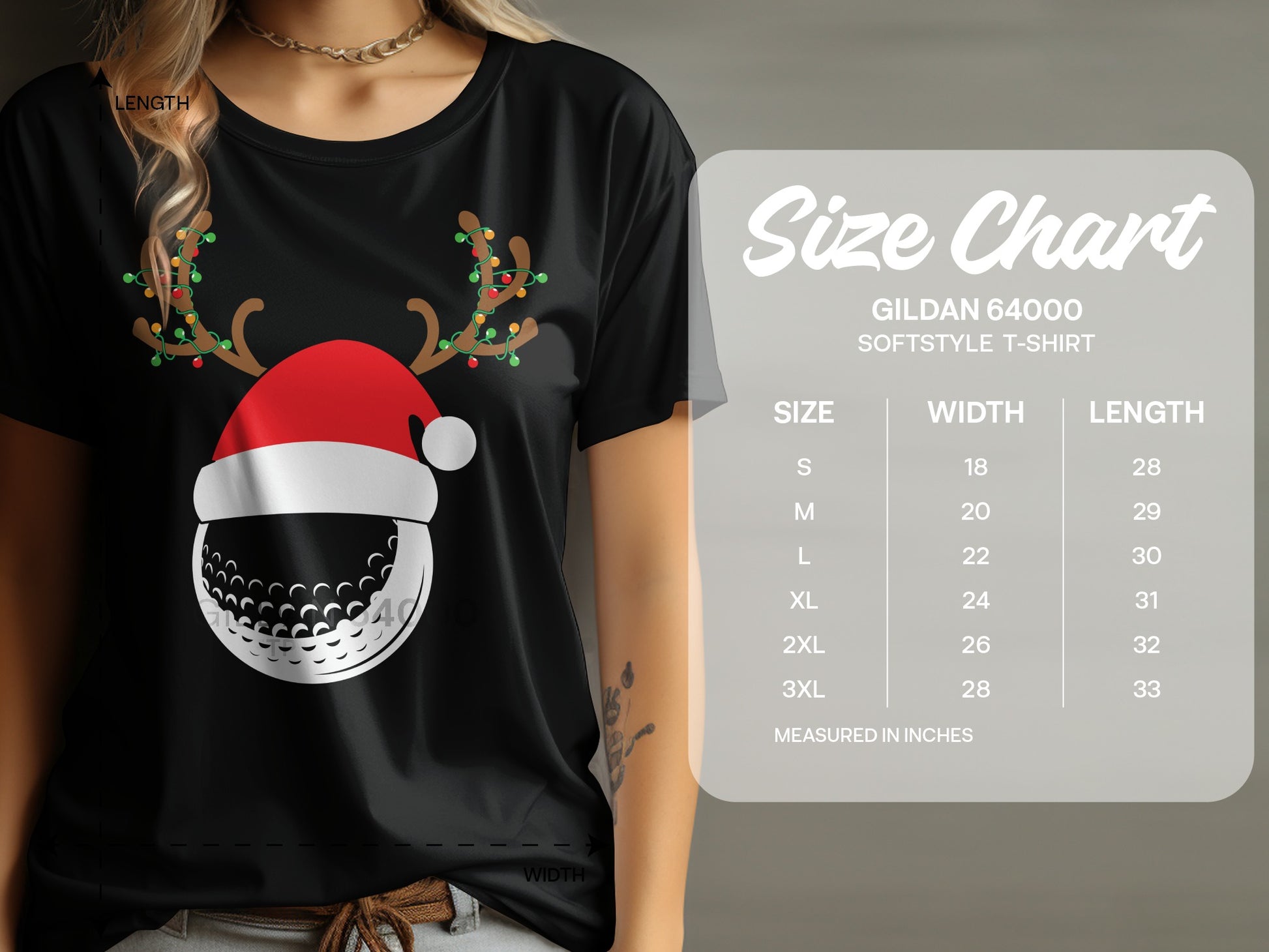 Black t-shirt featuring a golf ball with antlers and a Santa hat, with a size chart.