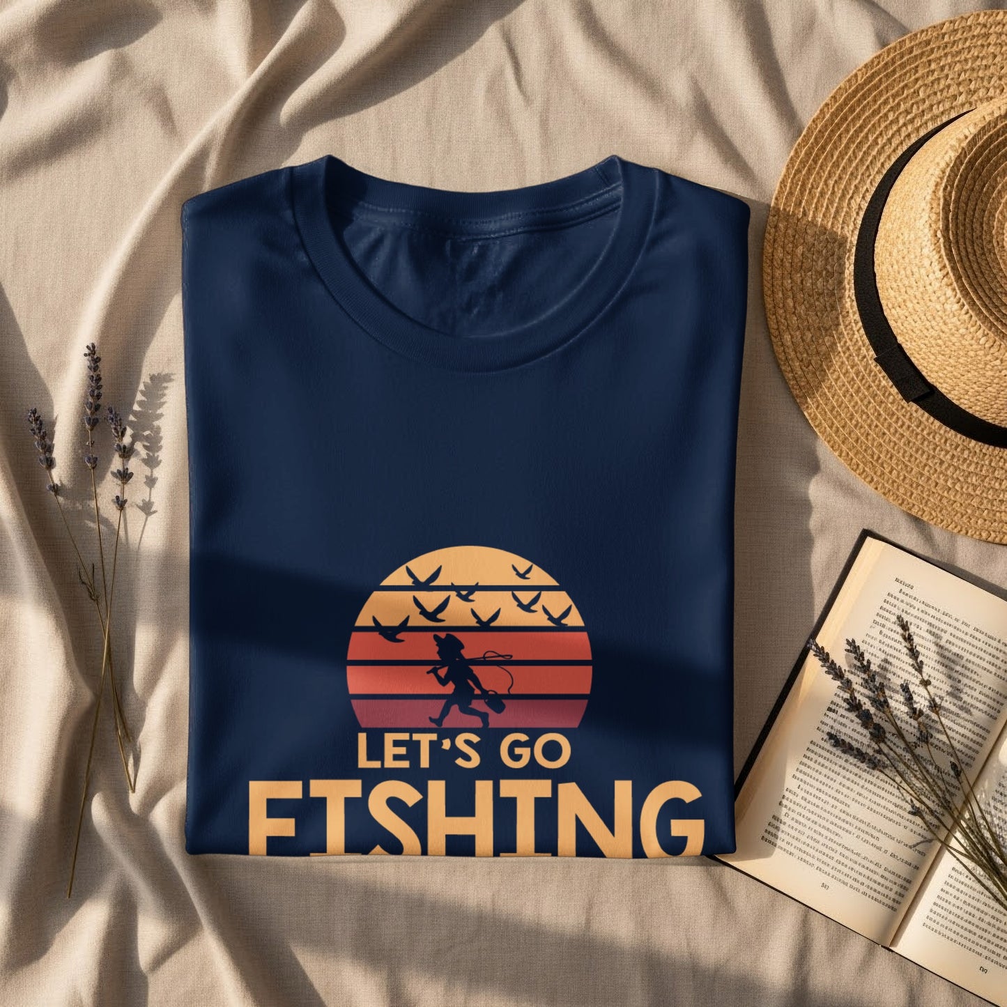 Navy t-shirt with "Let's Go Fishing" slogan and silhouette of a person fishing.