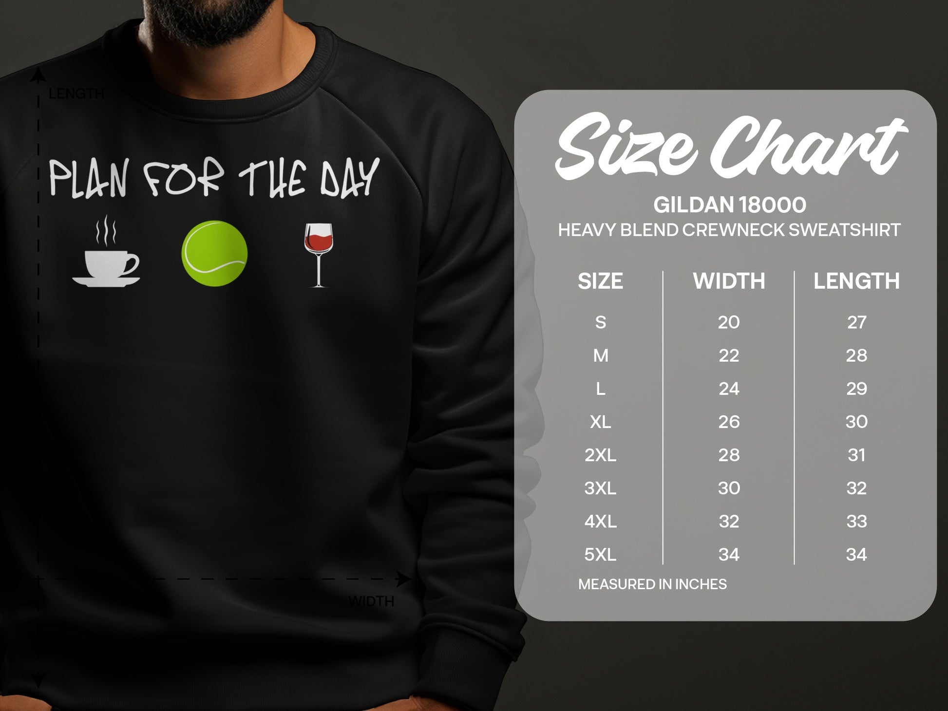 Gildan 18000 sweatshirt size chart with "Plan for the Day" graphic.