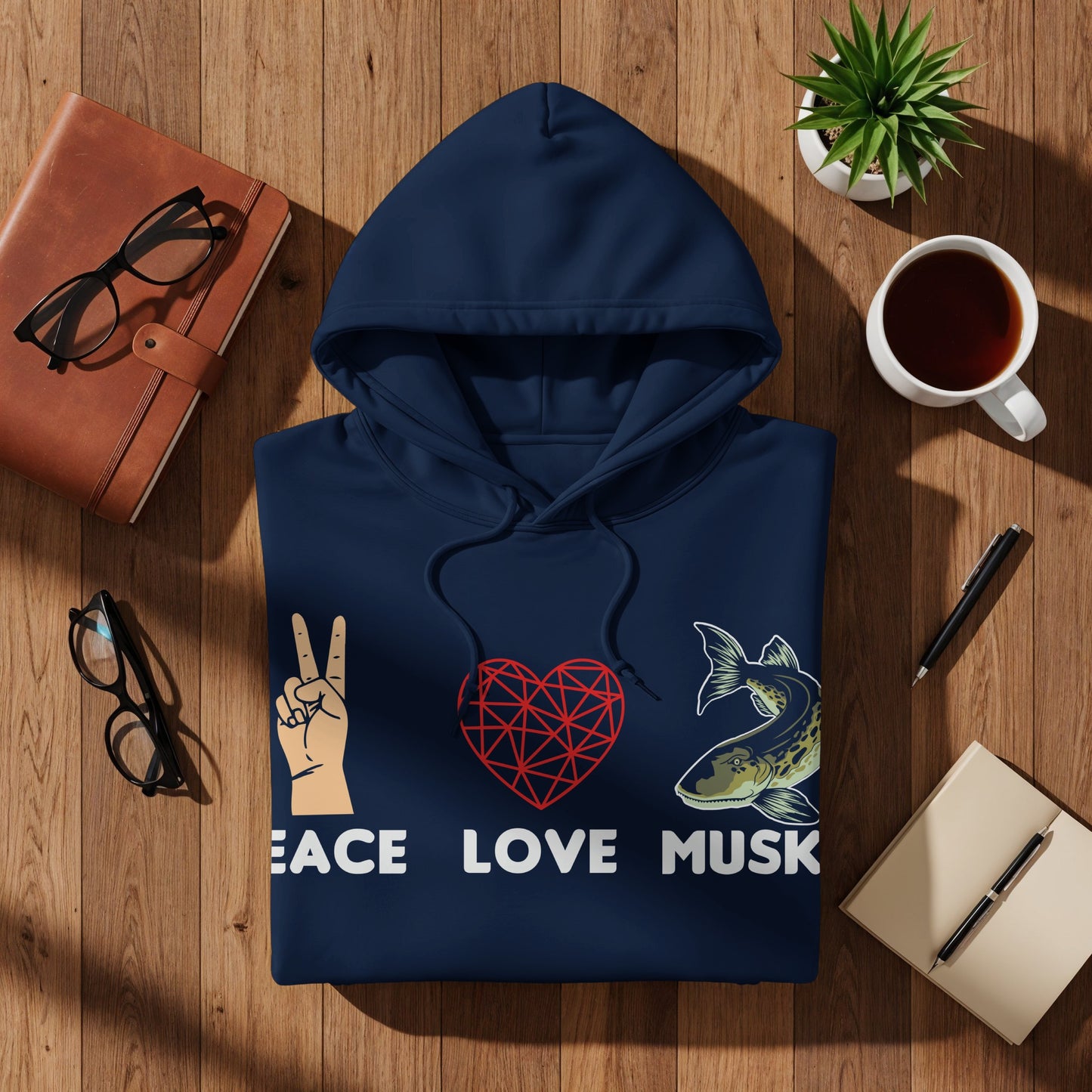 Navy hoodie with peace, love, and musky fish graphics and text.