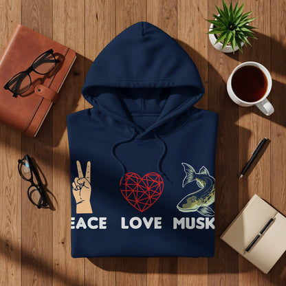 Navy hoodie with peace, love, and musky fish graphics and text.