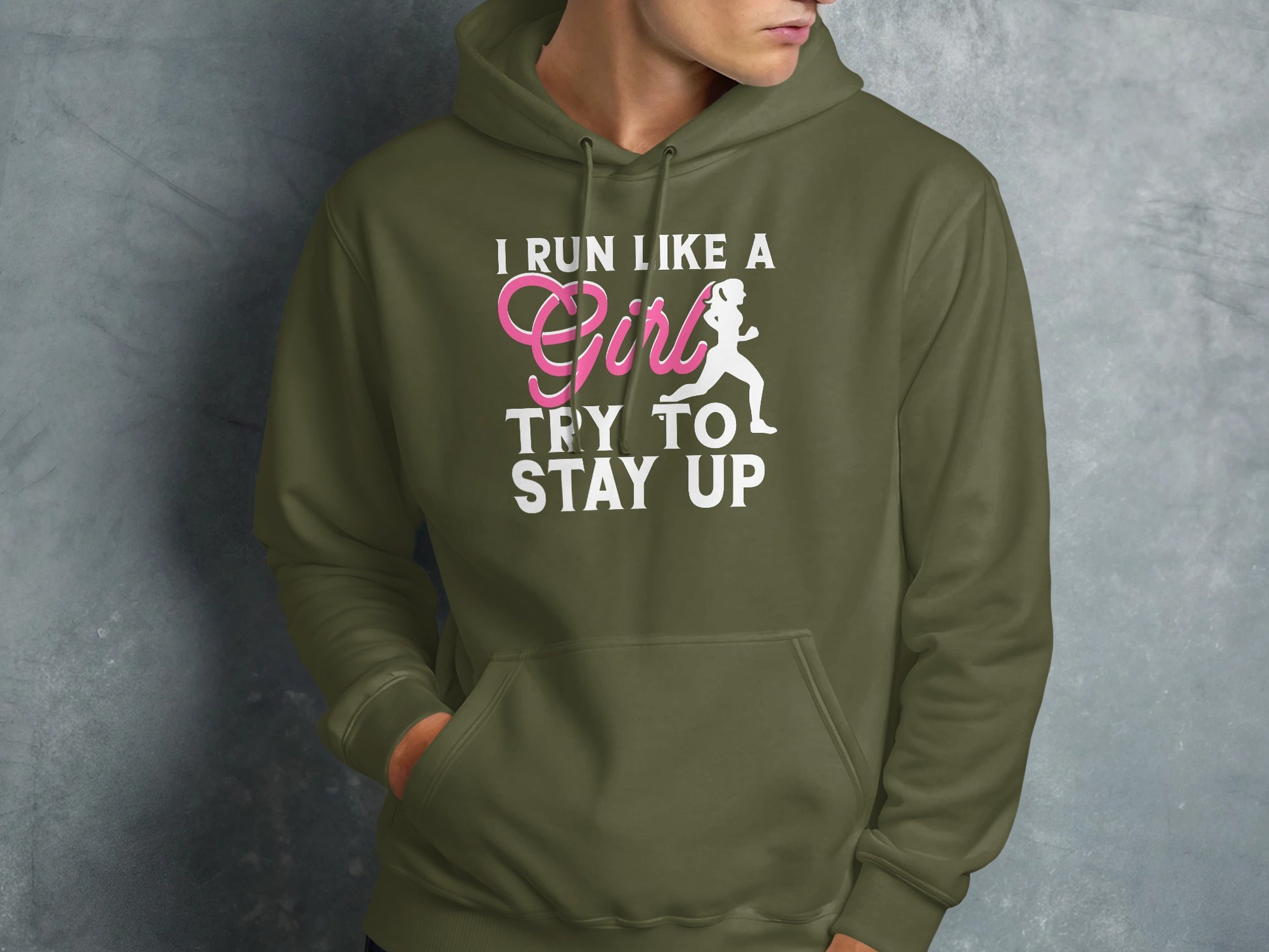Olive green hoodie with "I run like a girl try to stay up" text and runner graphic.