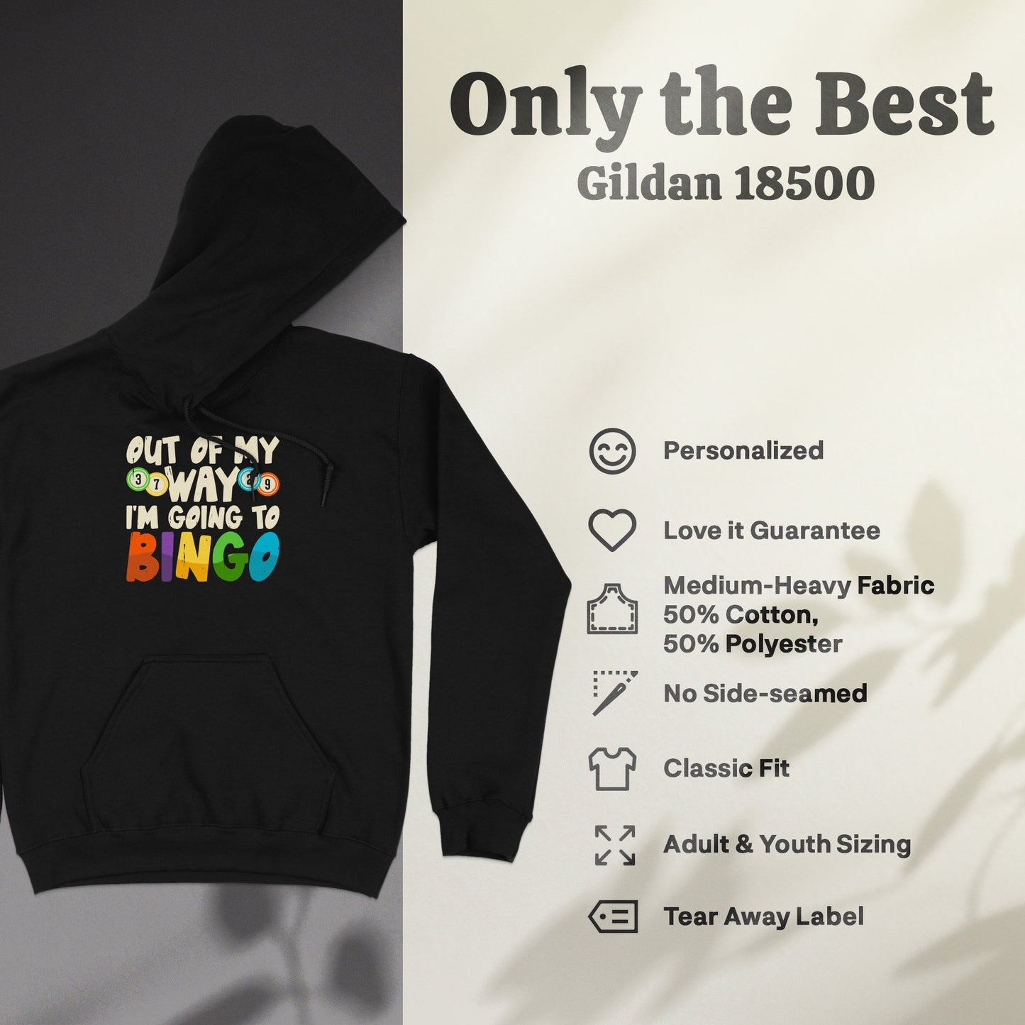 Black Gildan 18500 hoodie with "BINGO" graphic and product features.