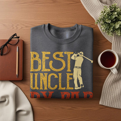Dark grey sweatshirt with "BEST UNCLE DAD" text and golfer graphic.