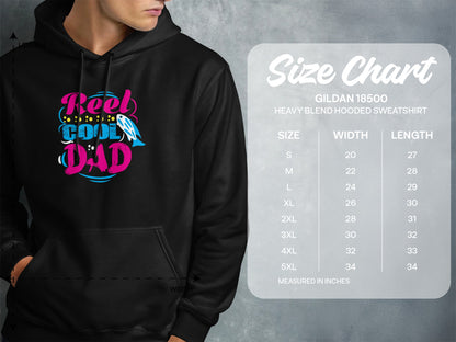 Gildan 18500 hoodie size chart with chest width and length measurements.