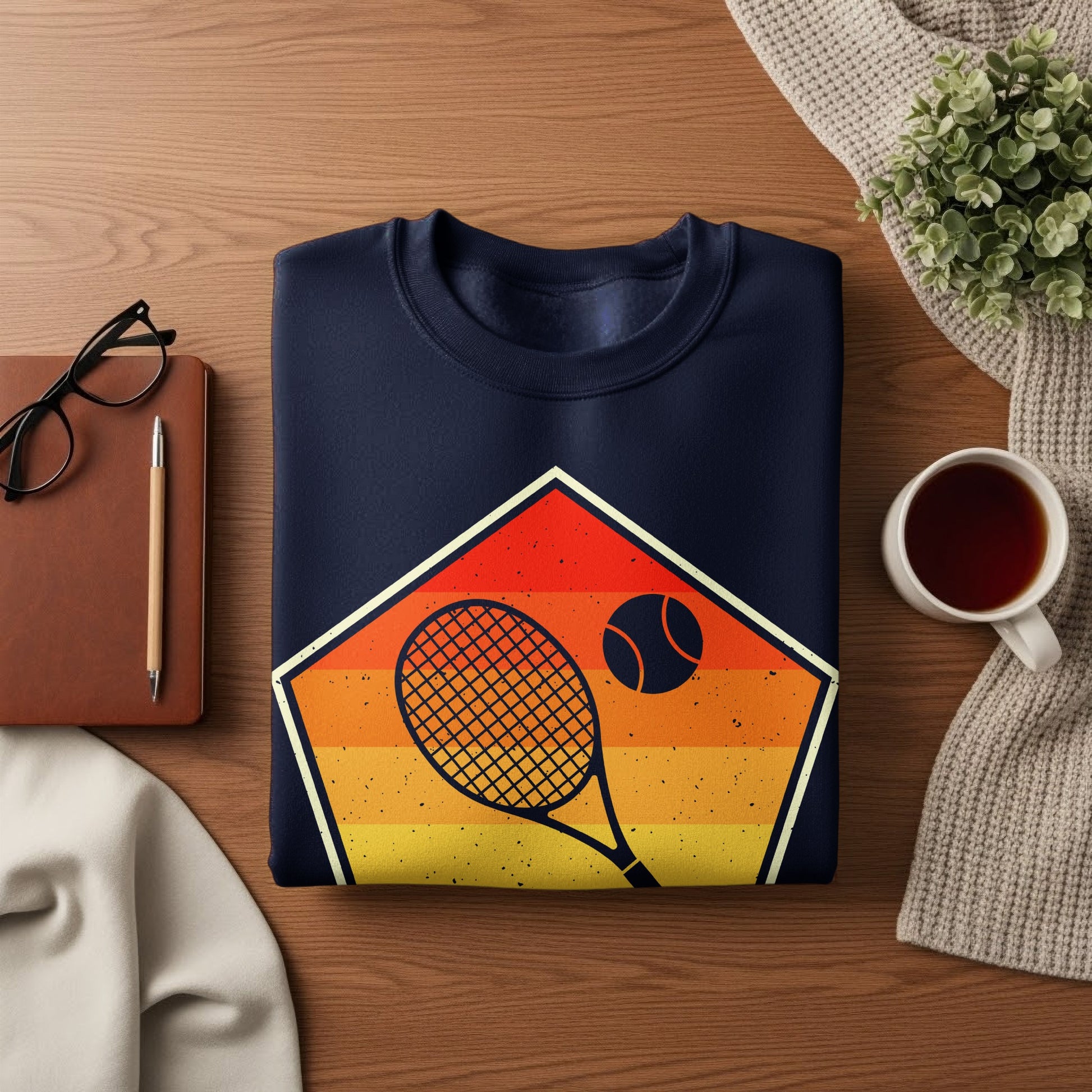 Navy sweatshirt with vintage tennis racket and ball graphic.