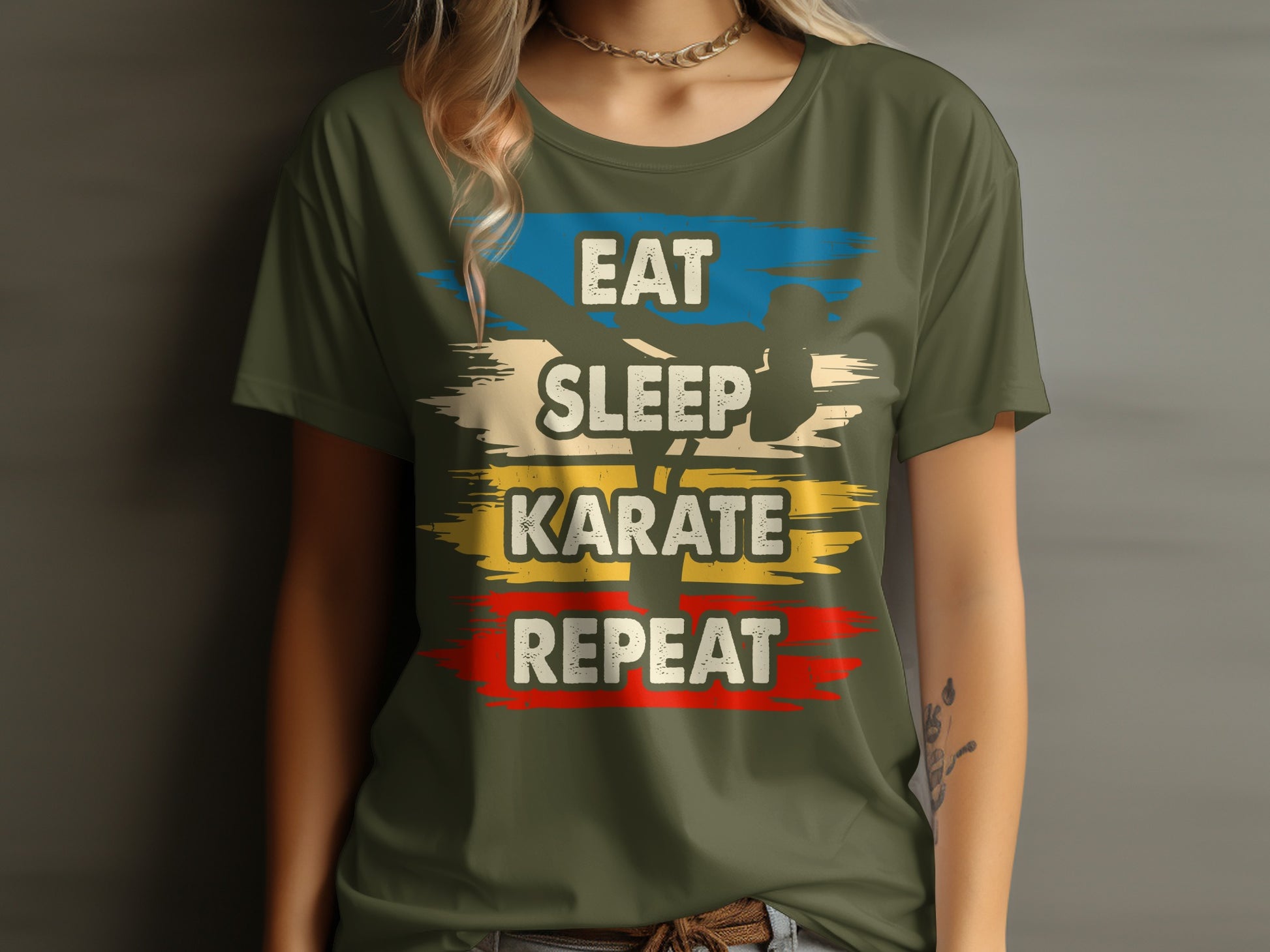 Green t-shirt with "Eat Sleep Karate Repeat" text and martial arts graphic.