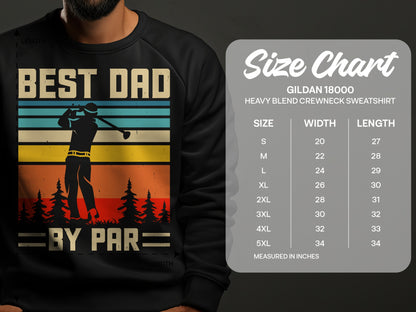 Men's sweatshirt with "Best Dad By Par" text and golfer graphic. Size chart included.