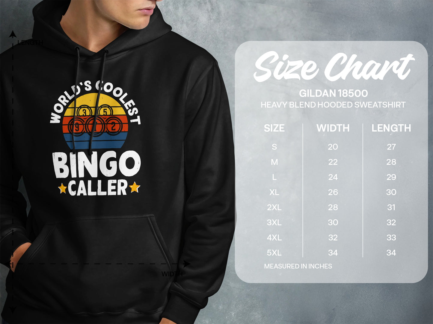 Hoodie with "World's Coolest Bingo Caller" text and a size chart.