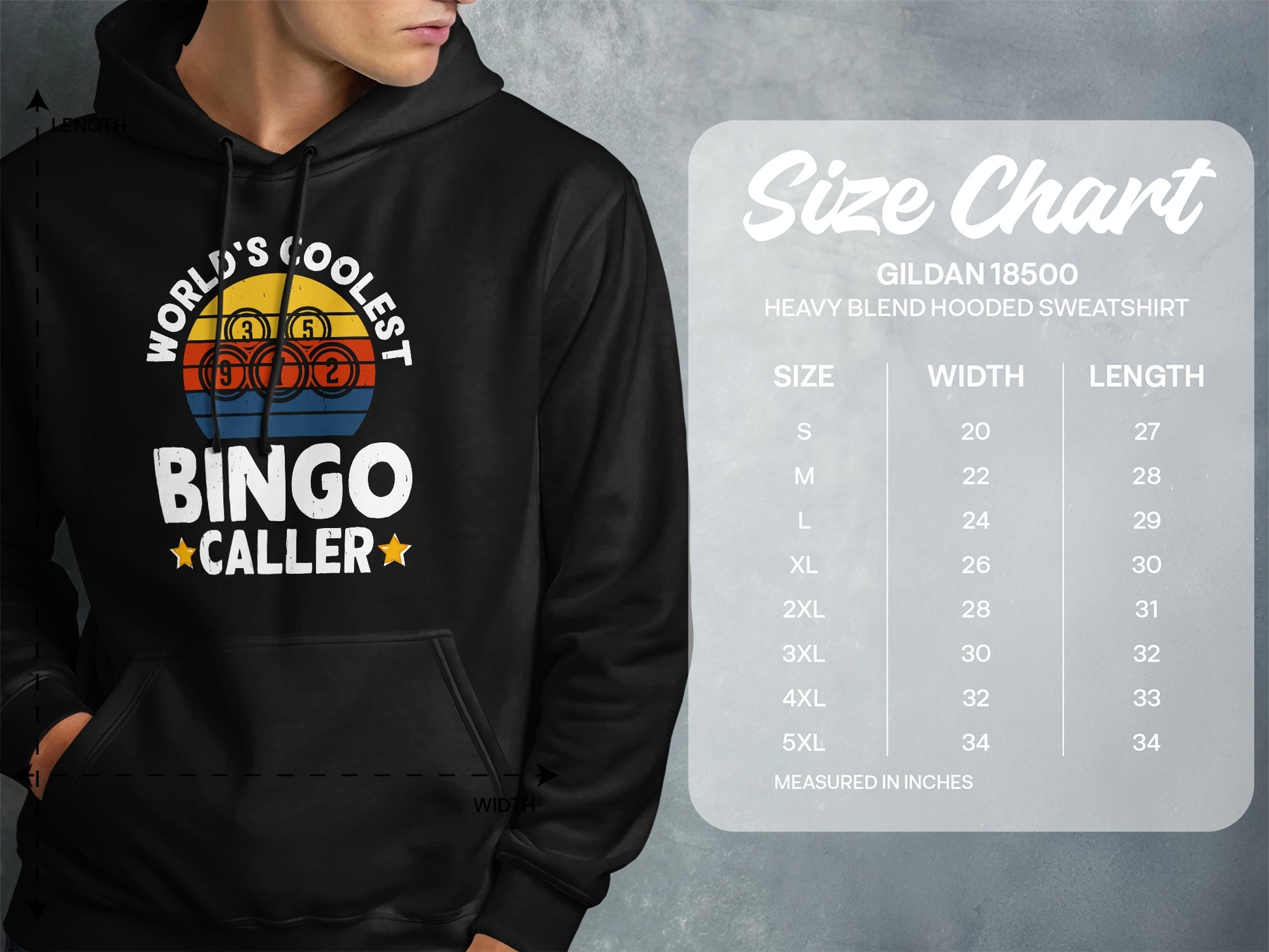 Hoodie with "World's Coolest Bingo Caller" text and a size chart.
